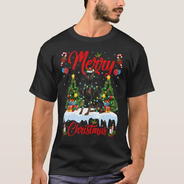 Doberman Dog Lights Xmas Tree Santa Doberman Chris T-Shirt (Front)