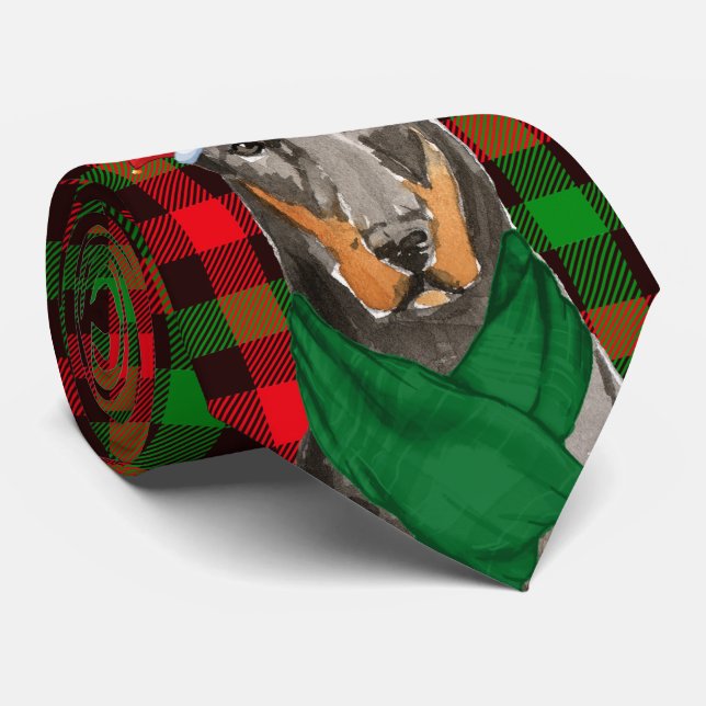 Doberman Dog Lover and Festive Plaid Christmas Neck Tie (Rolled)