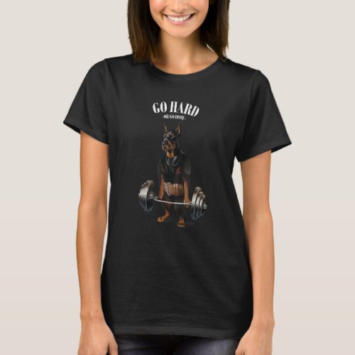 Doberman Dog Muscle Training With Barbell Shrug Ba T_Shirt