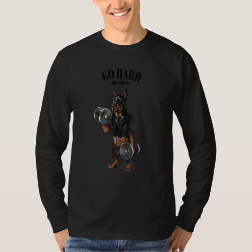 Doberman Dog Muscle Training With Dumbbell In Fitn T_Shirt