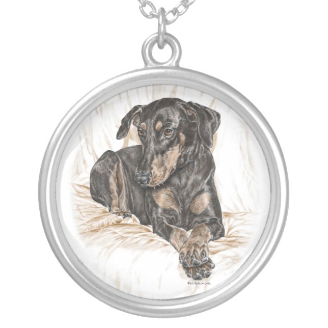 Doberman Dog Natural Ears Silver Plated Necklace (Front)