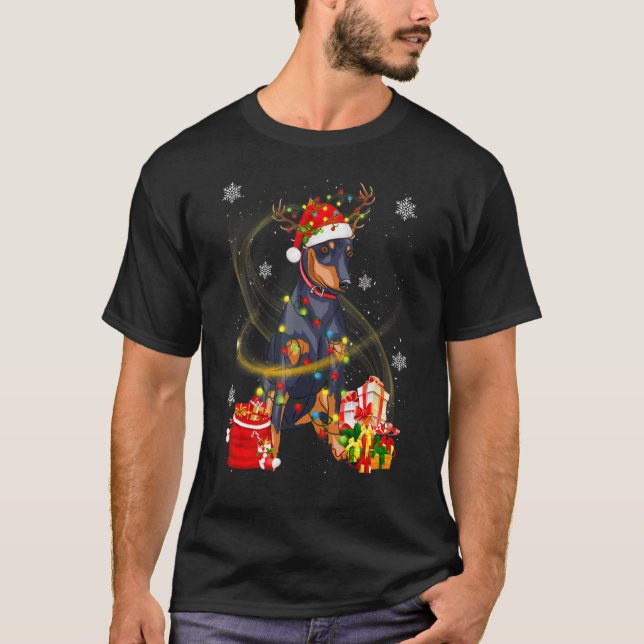 Doberman Dog Reindeer Santa Christmas Dogs Pajamas T-Shirt (Front)
