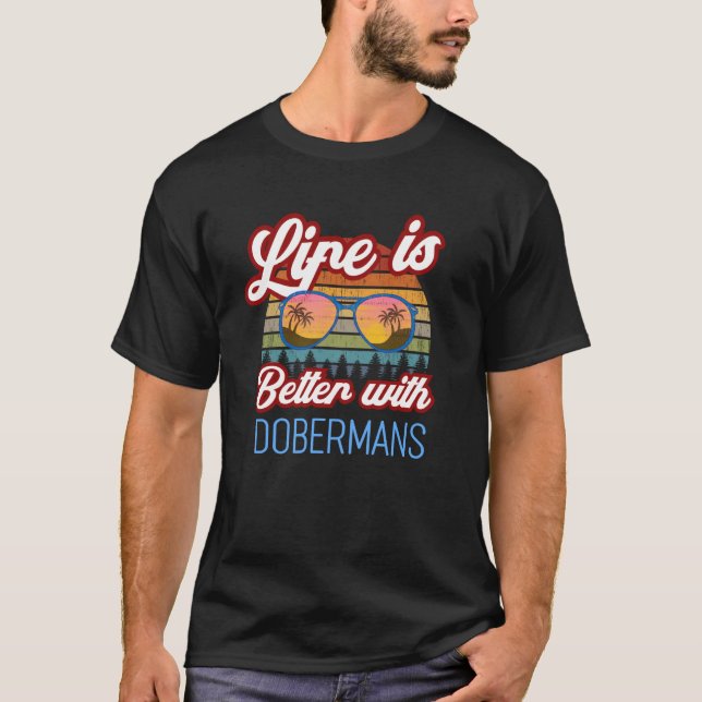 Doberman Dog Retro Sunset  With Dobermans T-Shirt (Front)