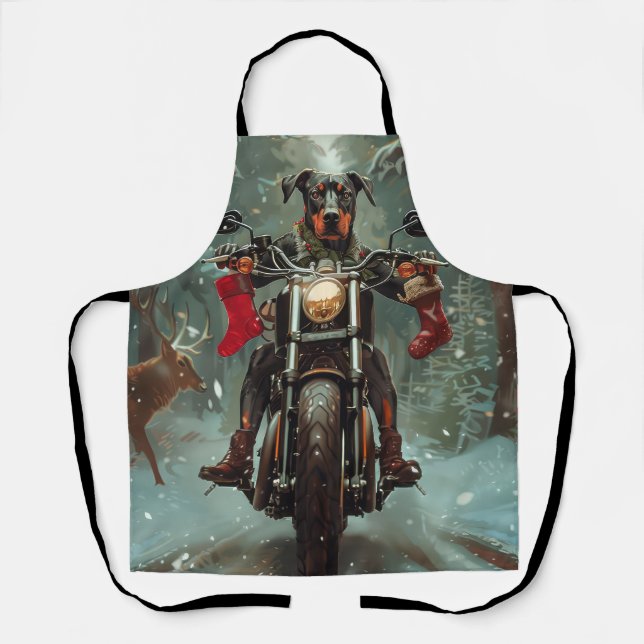 Doberman Dog Riding Motorcycle Christmas Apron (Front)