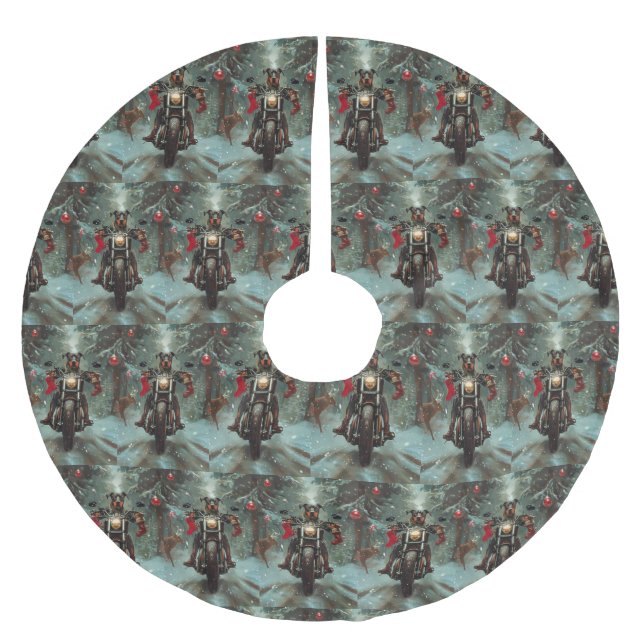 Doberman Dog Riding Motorcycle Christmas Brushed Polyester Tree Skirt (Front)
