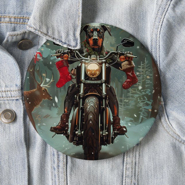 Doberman Dog Riding Motorcycle Christmas Button (In Situ)