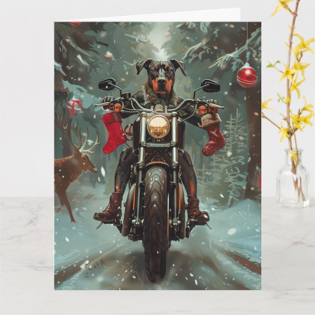 Doberman Dog Riding Motorcycle Christmas Card (Yellow Flower)