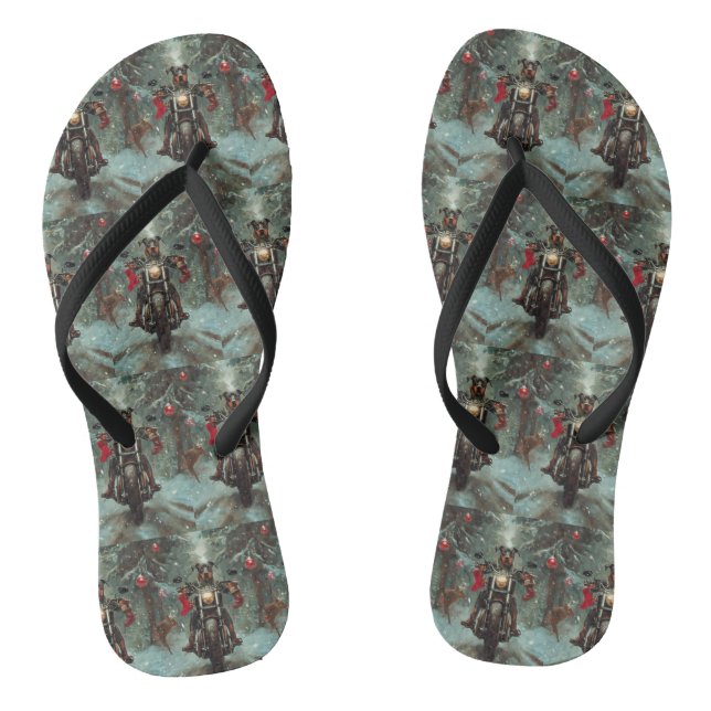 Doberman Dog Riding Motorcycle Christmas Flip Flops (Footbed)