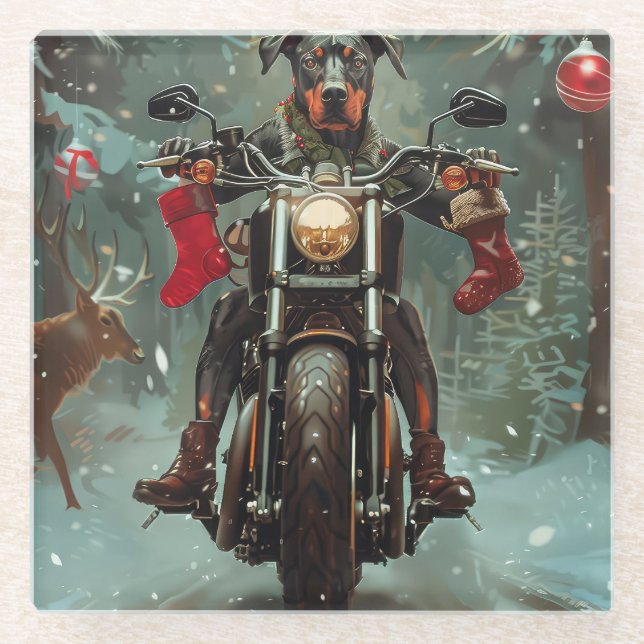 Doberman Dog Riding Motorcycle Christmas Glass Coaster (Front)