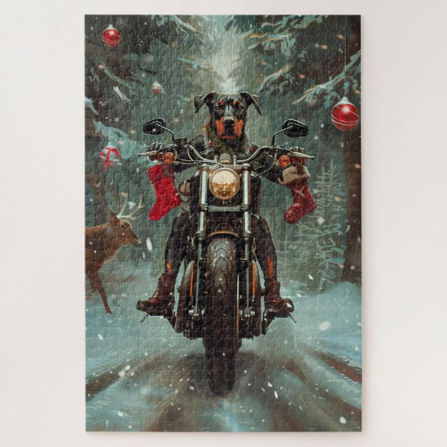 Doberman Dog Riding Motorcycle Christmas Jigsaw Puzzle (Vertical)