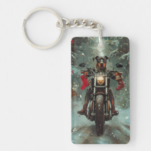 Doberman Dog Riding Motorcycle Christmas Keychain