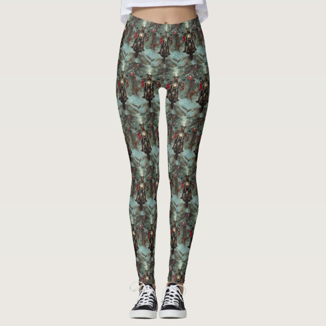 Doberman Dog Riding Motorcycle Christmas Leggings (Front)