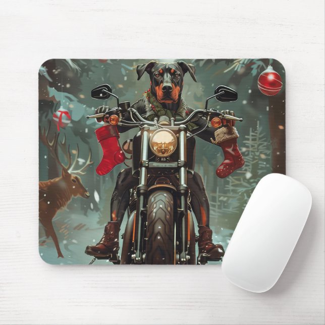 Doberman Dog Riding Motorcycle Christmas Mouse Pad (With Mouse)