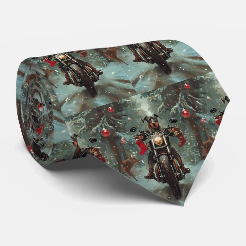 Doberman Dog Riding Motorcycle Christmas Neck Tie