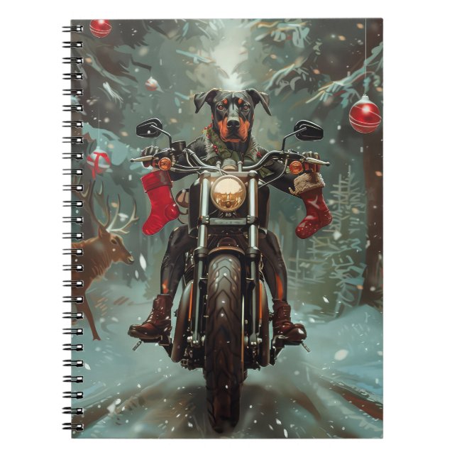 Doberman Dog Riding Motorcycle Christmas Notebook (Front)