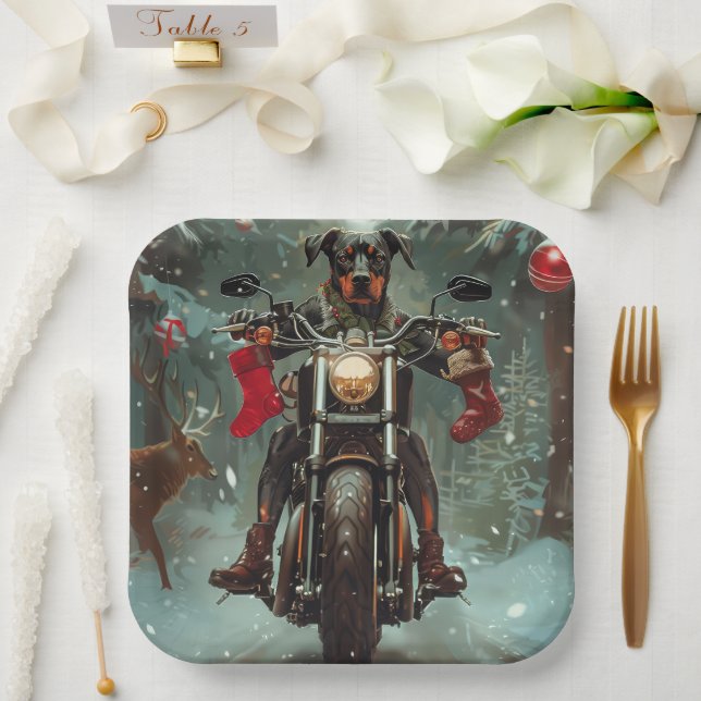 Doberman Dog Riding Motorcycle Christmas Paper Plates (Wedding)