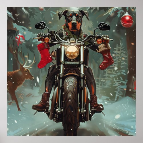 Doberman Dog Riding Motorcycle Christmas Poster