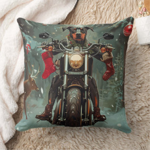 Doberman Dog Riding Motorcycle Christmas Throw Pillow