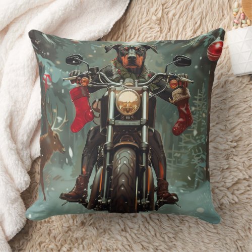 Doberman Dog Riding Motorcycle Christmas Throw Pillow