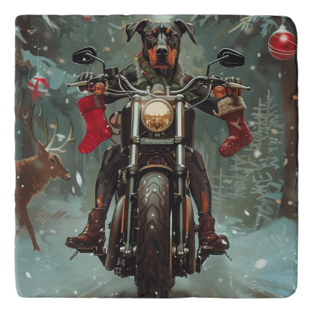 Doberman Dog Riding Motorcycle Christmas Trivet (Front)