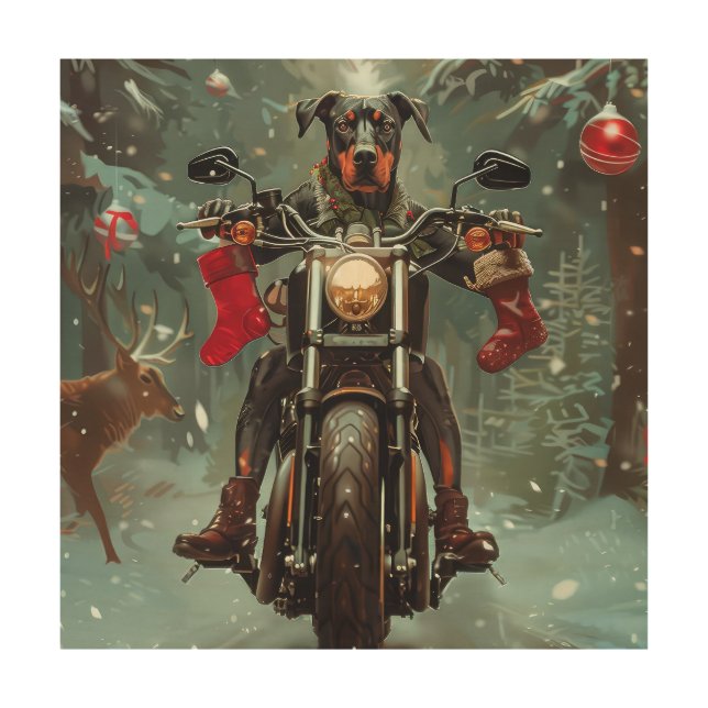 Doberman Dog Riding Motorcycle Christmas Wood Wall Art (Front)