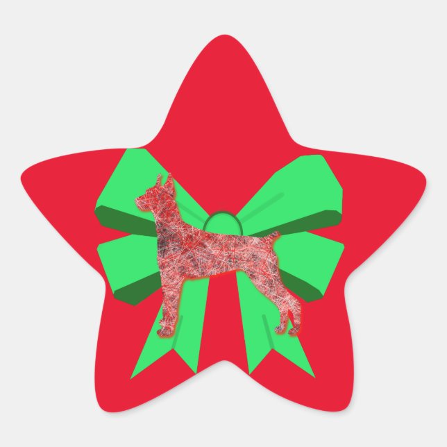 Doberman Dog Silhouette Green Bow Christmas Star Sticker (Front)