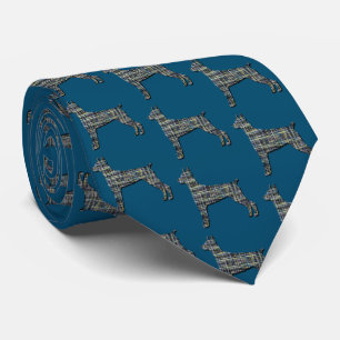 Doberman Dog Silhouette Y&B Grid Blue Neck Tie