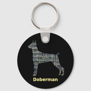 Doberman Dog Silhouette Yellow & Black Grid Lines Keychain