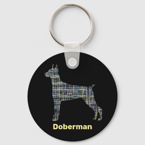 Doberman Dog Silhouette Yellow  Black Grid Lines Keychain