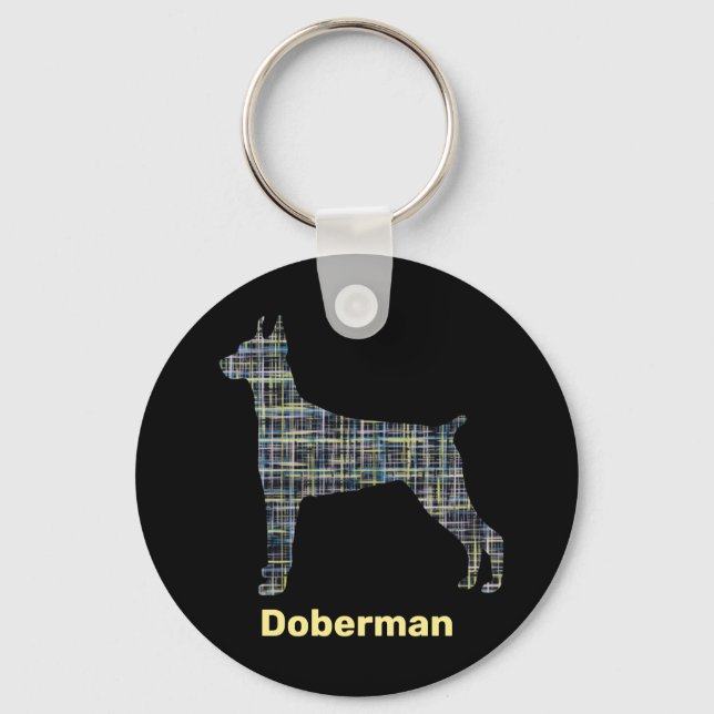 Doberman Dog Silhouette Yellow & Black Grid Lines Keychain (Front)