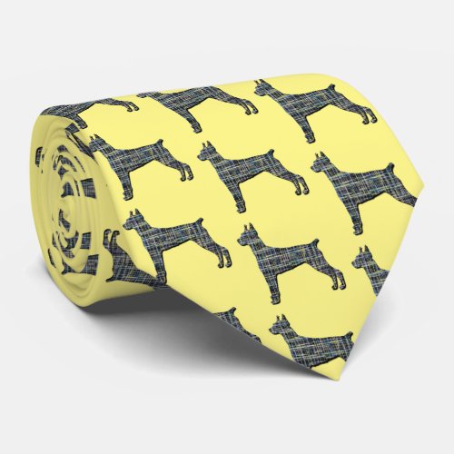 Doberman Dog Silhouette Yellow  Black Grid Yellow Neck Tie