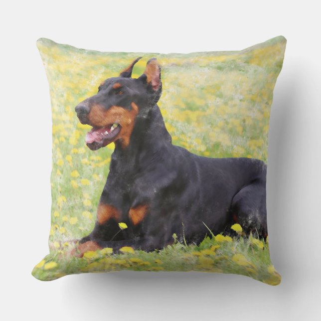Doberman Dog sitting in garden Watercolor Painting Throw Pillow (Front)
