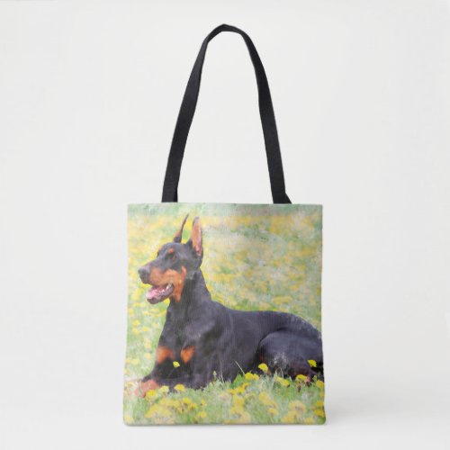 Doberman Dog sitting in garden Watercolor Painting Tote Bag