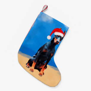 Doberman Dog Sitting On Beach Christmas Hat Small Christmas Stocking