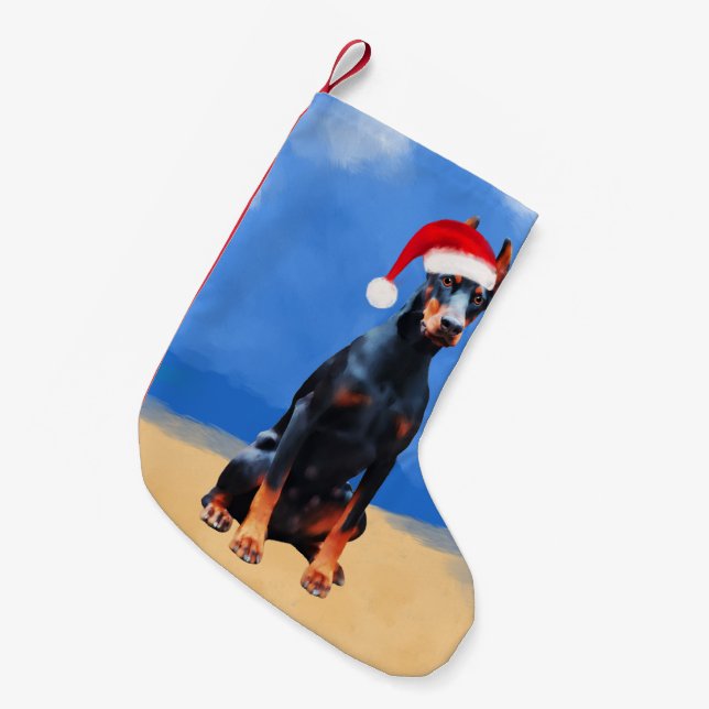 Doberman Dog Sitting On Beach Christmas Hat Small Christmas Stocking (Front (Hanging))