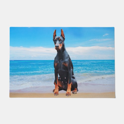 Doberman Dog Sitting On Beach Doormat