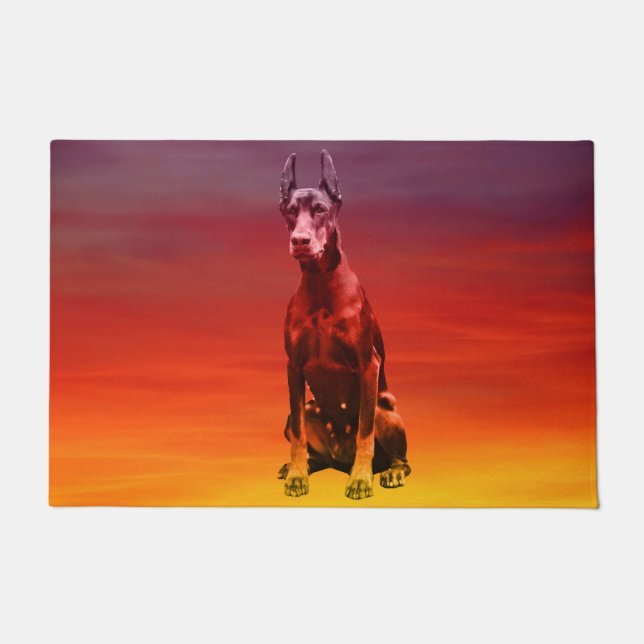 Doberman Dog Sitting On Beach Doormat (Front)