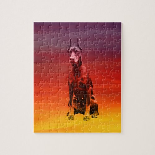 Doberman Dog Sitting On Beach Jigsaw Puzzle