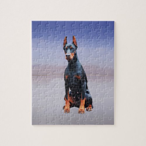 Doberman Dog Sitting On Beach Jigsaw Puzzle