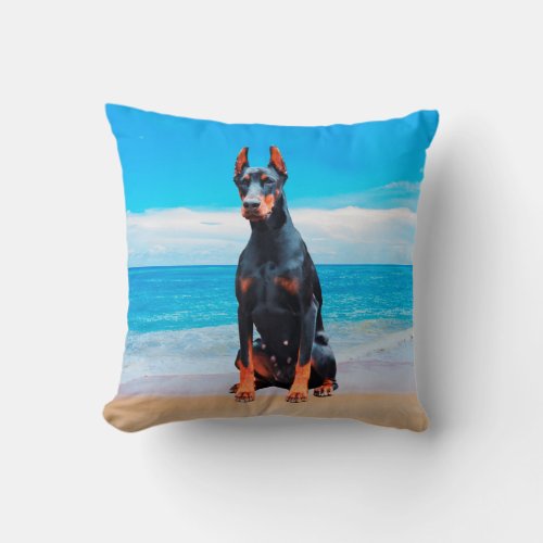 Doberman Dog Sitting On Beach Throw Pillow