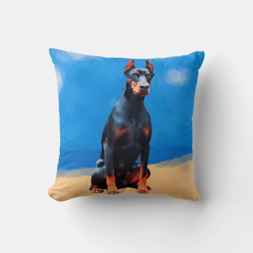 Doberman Dog Sitting On Beach Throw Pillow