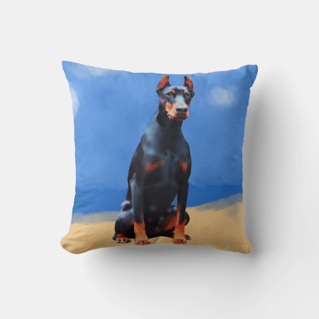 Doberman Dog Sitting On Beach Throw Pillow (Front)