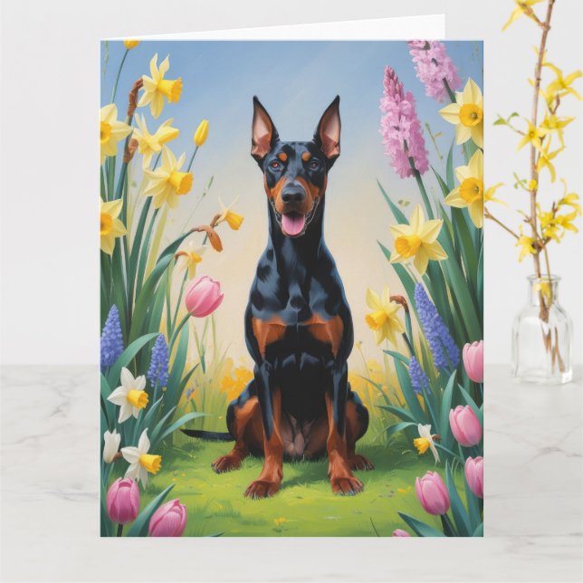 Doberman Dog Spring Flowers Painting Card (Yellow Flower)