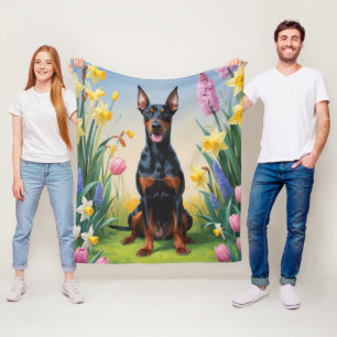 Doberman Dog Spring Flowers Painting Fleece Blanket