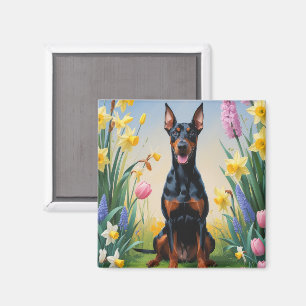 Doberman Dog Spring Flowers Painting Magnet