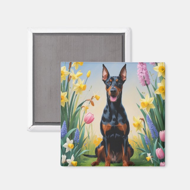 Doberman Dog Spring Flowers Painting Magnet (Front/Back)