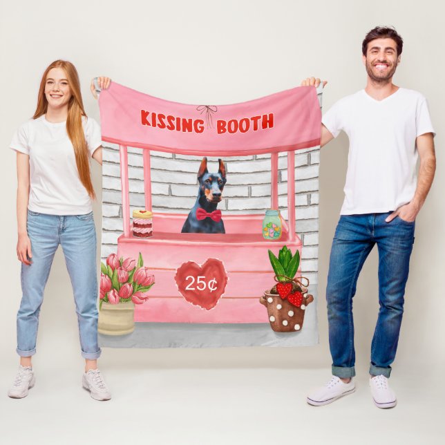 Doberman Dog Valentine's Day Kissing Booth Fleece Blanket (In Situ)