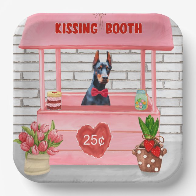Doberman Dog Valentine's Day Kissing Booth Paper Plates (Front)