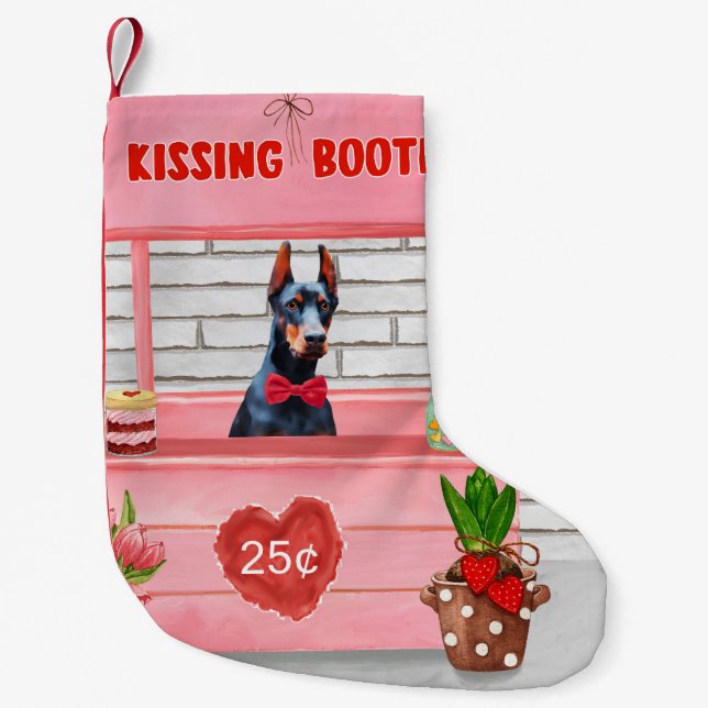 Doberman Dog Valentine's Day Kissing Booth Small Christmas Stocking (Front)