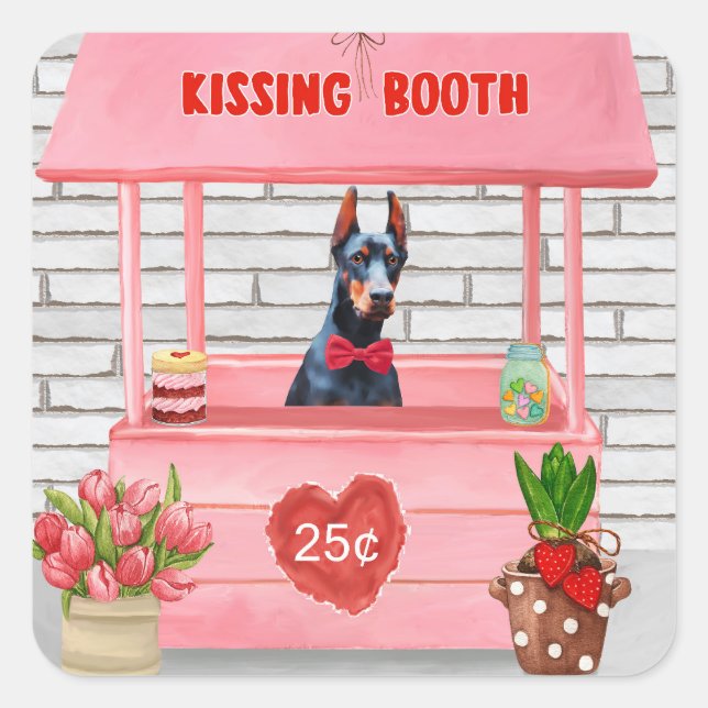 Doberman Dog Valentine's Day Kissing Booth Square Sticker (Front)